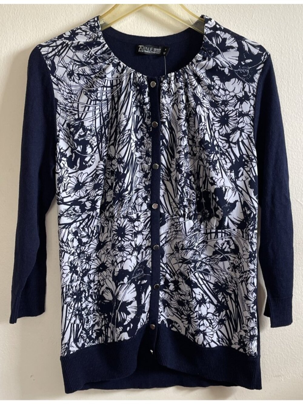 NWT 7th Avenue New York & Co Cardigan Sweater Medium Blue Floral Long Sleeves